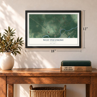 West Pocomoke, Maryland map, 12 x 18 inch print in a black frame in an entryway