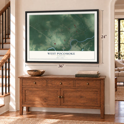 West Pocomoke, Maryland map, 24 x 36 inch print in a black frame above a dresser by a staircase