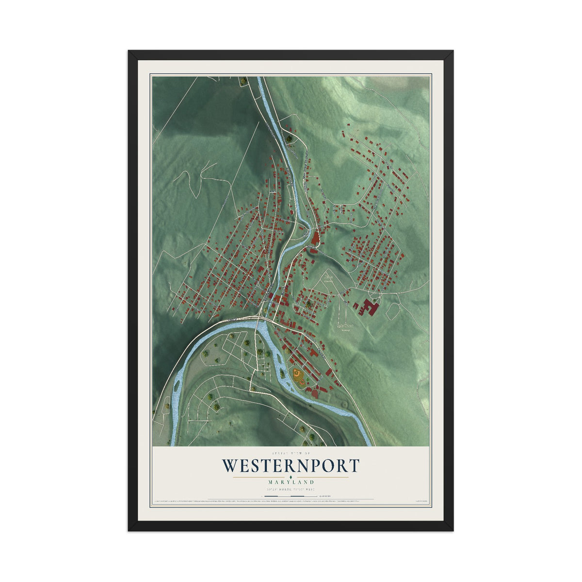 Map of Westernport, Maryland, 12 x 18 inch print in a black wood frame