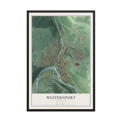 Map of Westernport, Maryland, 12 x 18 inch print in a black wood frame