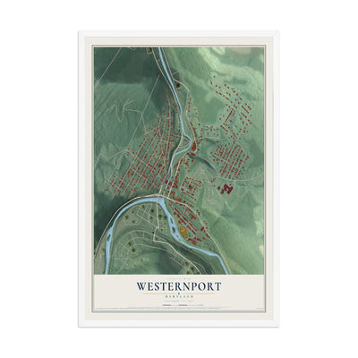 Map of Westernport, Maryland, 12 x 18 inch print in a white wood frame