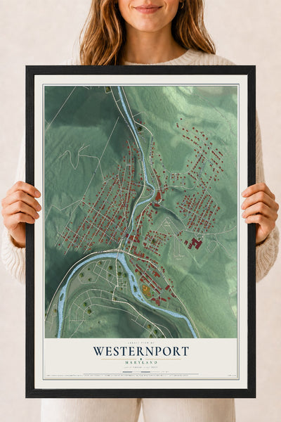 Map of Westernport, Maryland, 18 x 24 inch print in a black wood frame