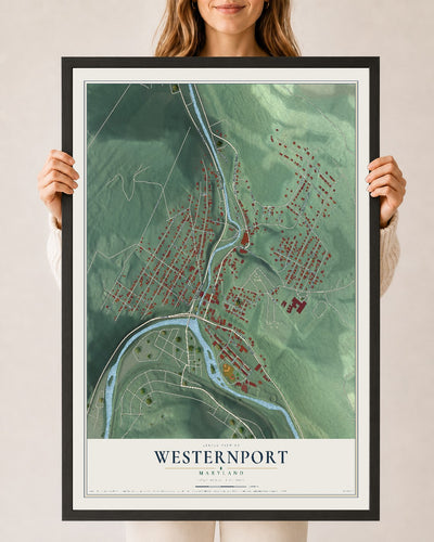 Map of Westernport, Maryland, 24 x 36 inch print in a black wood frame