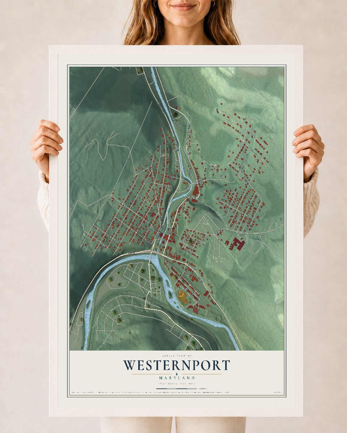 Map of Westernport, Maryland, 24 x 36 inch print in a white wood frame
