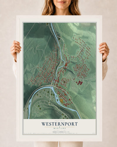 Map of Westernport, Maryland, 24 x 36 inch print in a white wood frame