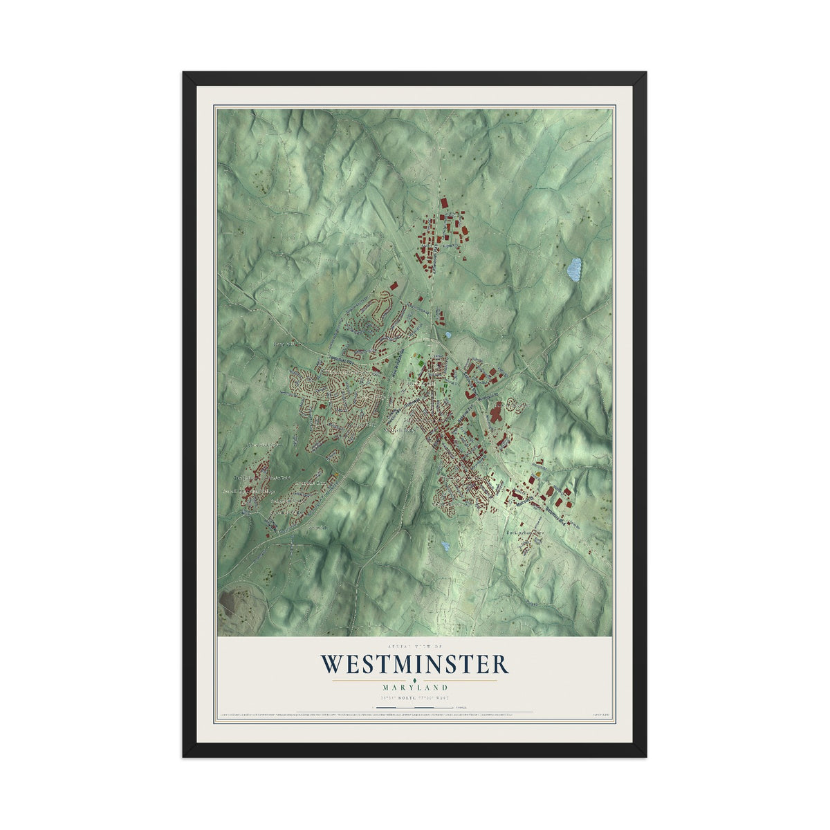 Map of Westminster, Maryland, 12 x 18 inch print in a black wood frame