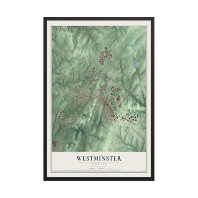 Map of Westminster, Maryland, 12 x 18 inch print in a black wood frame