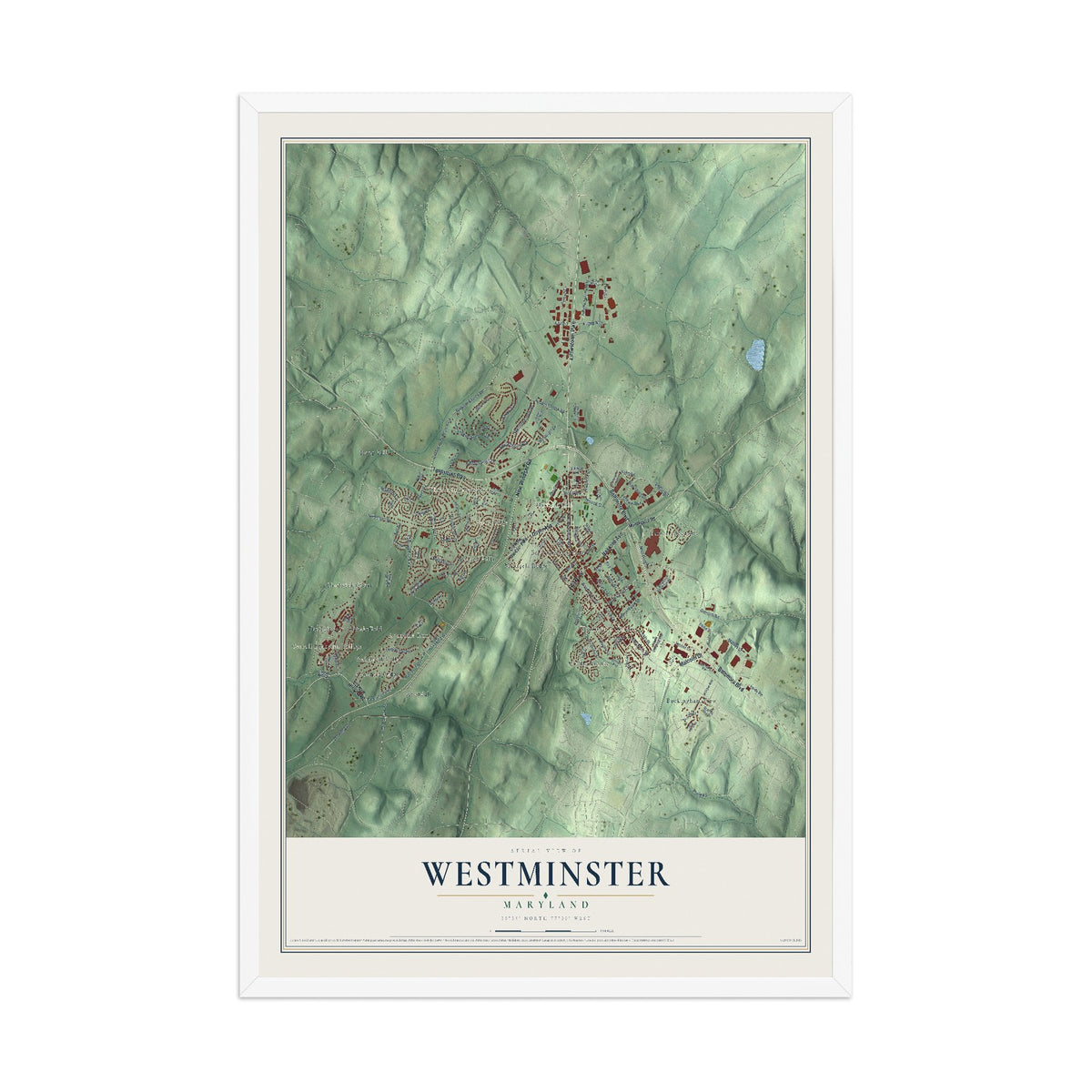 Map of Westminster, Maryland, 12 x 18 inch print in a white wood frame