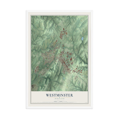 Map of Westminster, Maryland, 12 x 18 inch print in a white wood frame