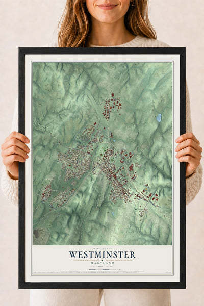 Map of Westminster, Maryland, 18 x 24 inch print in a black wood frame