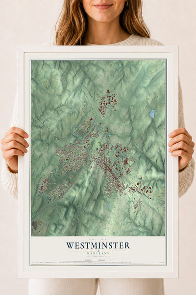 Map of Westminster, Maryland, 18 x 24 inch print in a white wood frame