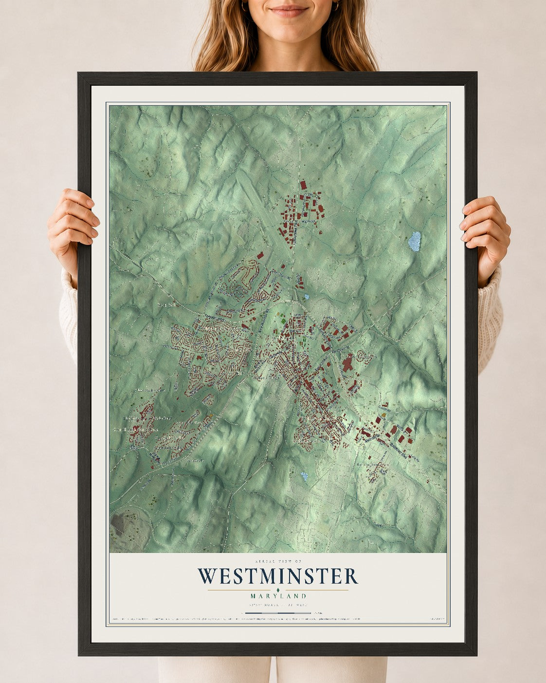Map of Westminster, Maryland, 24 x 36 inch print in a black wood frame