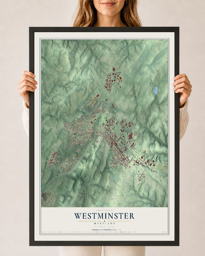 Map of Westminster, Maryland, 24 x 36 inch print in a black wood frame