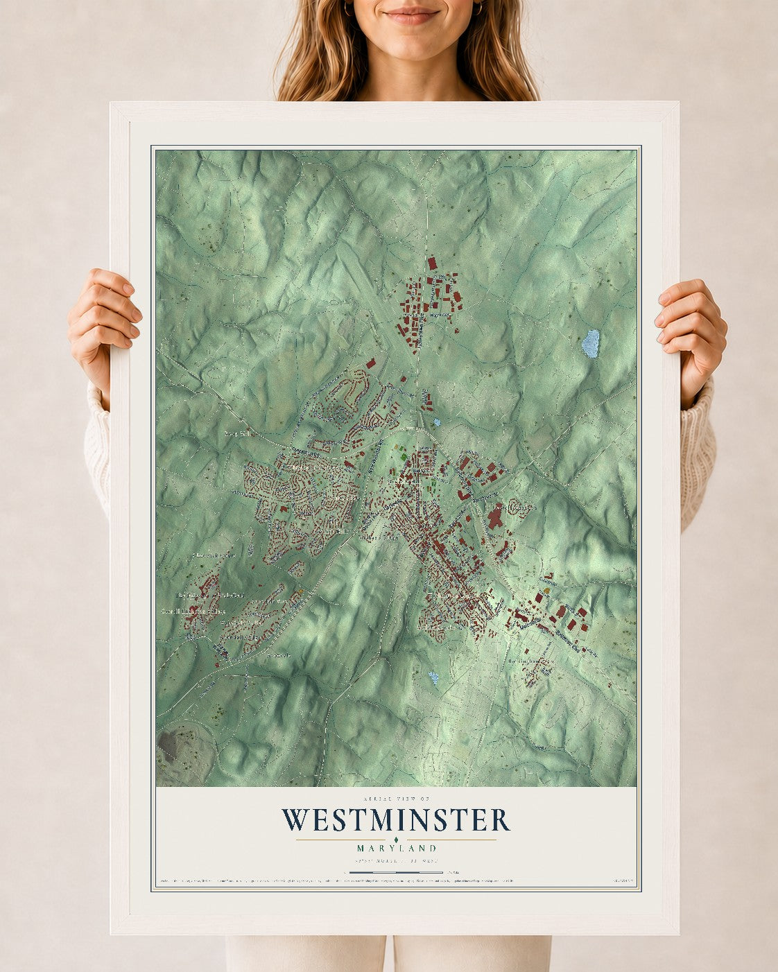 Map of Westminster, Maryland, 24 x 36 inch print in a white wood frame