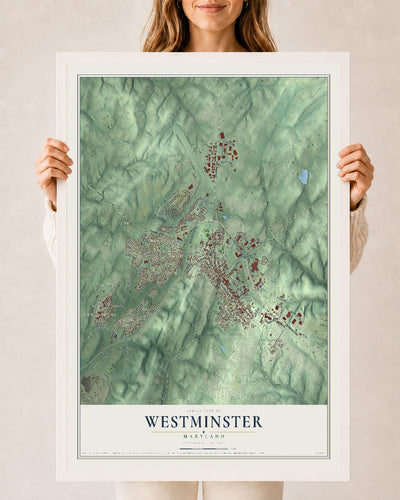 Map of Westminster, Maryland, 24 x 36 inch print in a white wood frame
