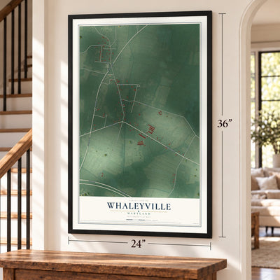 Whaleyville, Maryland map, 24 x 36 inch print in a black frame by a staircase