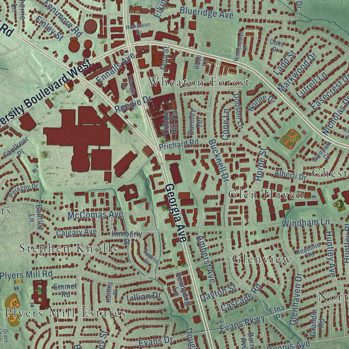 Close-up of the map of Wheaton, Maryland print showing street and building detail