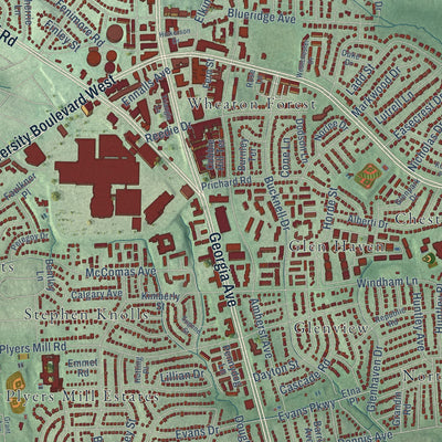 Close-up of the map of Wheaton, Maryland print showing street and building detail