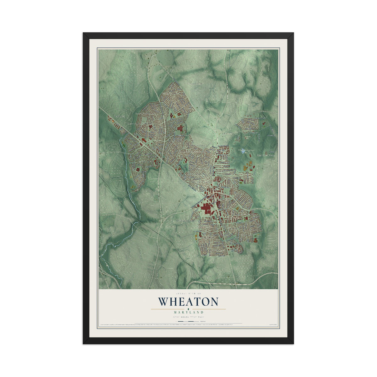 Map of Wheaton, Maryland, 12 x 18 inch print in a black wood frame