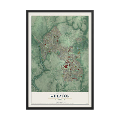 Map of Wheaton, Maryland, 12 x 18 inch print in a black wood frame