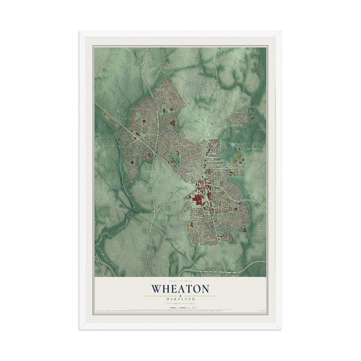 Map of Wheaton, Maryland, 12 x 18 inch print in a white wood frame