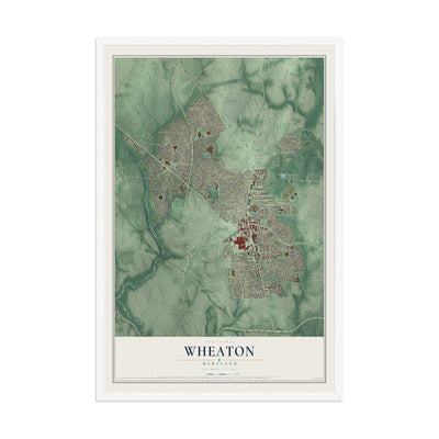 Map of Wheaton, Maryland, 12 x 18 inch print in a white wood frame