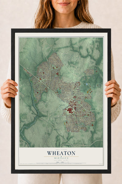 Map of Wheaton, Maryland, 18 x 24 inch print in a black wood frame