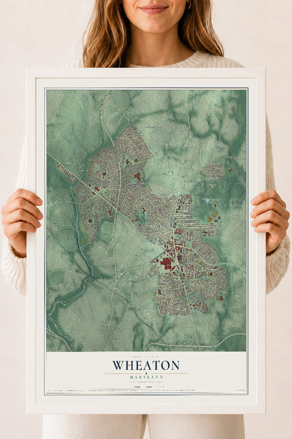 Map of Wheaton, Maryland, 18 x 24 inch print in a white wood frame