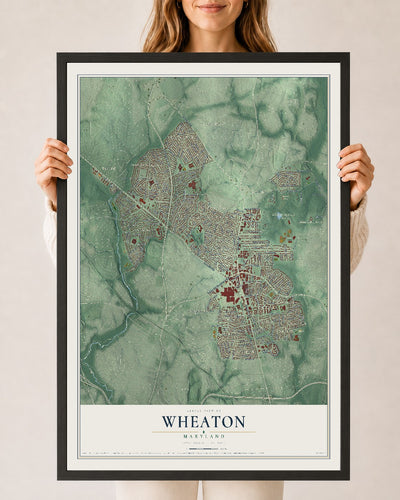 Map of Wheaton, Maryland, 24 x 36 inch print in a black wood frame
