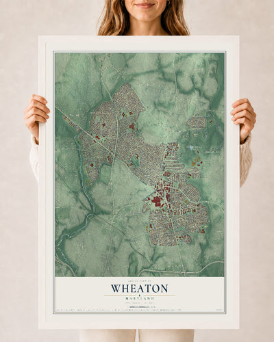 Map of Wheaton, Maryland, 24 x 36 inch print in a white wood frame