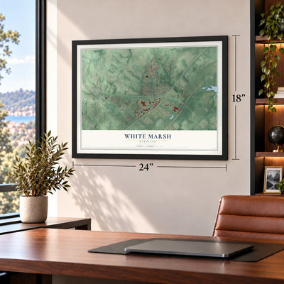 White Marsh, Maryland map, 18 x 24 inch print in a black frame in a home office