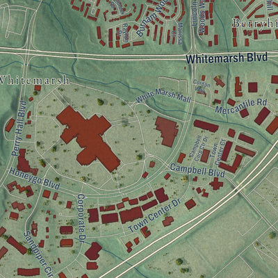Close-up of the map of White Marsh, Maryland print showing street and building detail