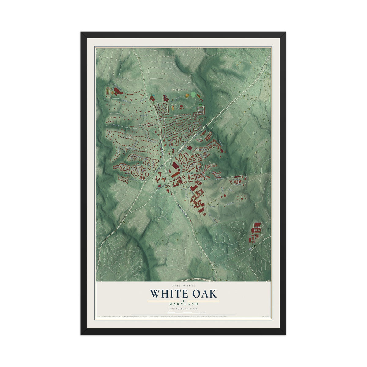 Map of White Oak, Maryland, 12 x 18 inch print in a black wood frame