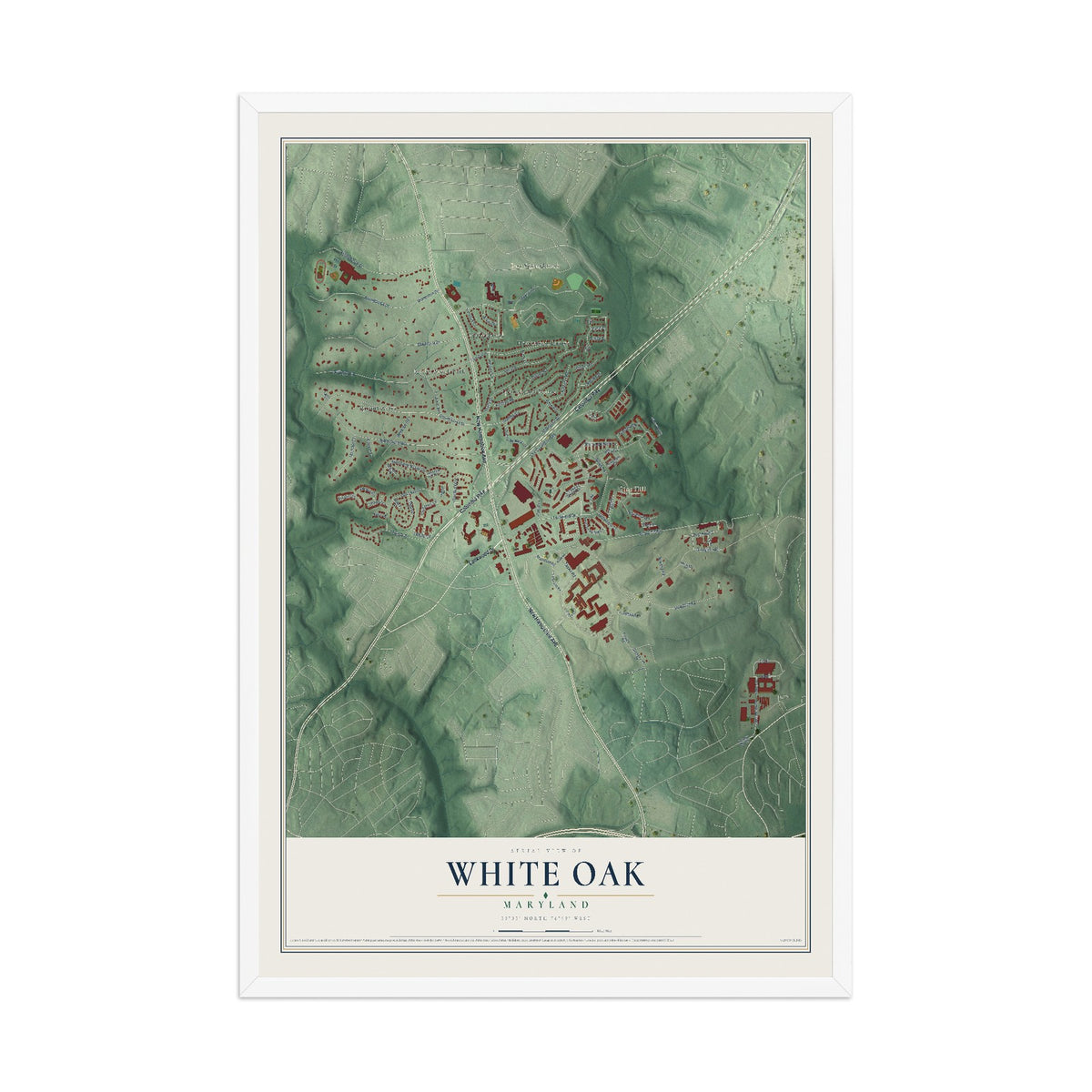 Map of White Oak, Maryland, 12 x 18 inch print in a white wood frame