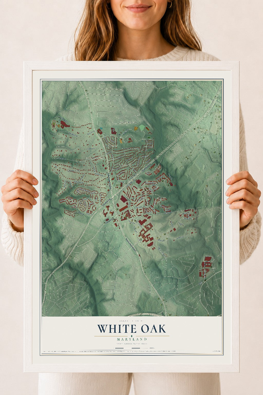 Map of White Oak, Maryland, 18 x 24 inch print in a white wood frame