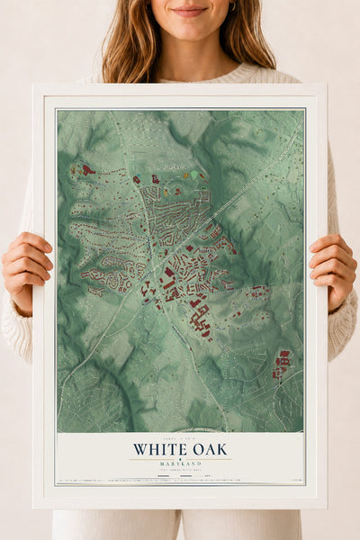 Map of White Oak, Maryland, 18 x 24 inch print in a white wood frame