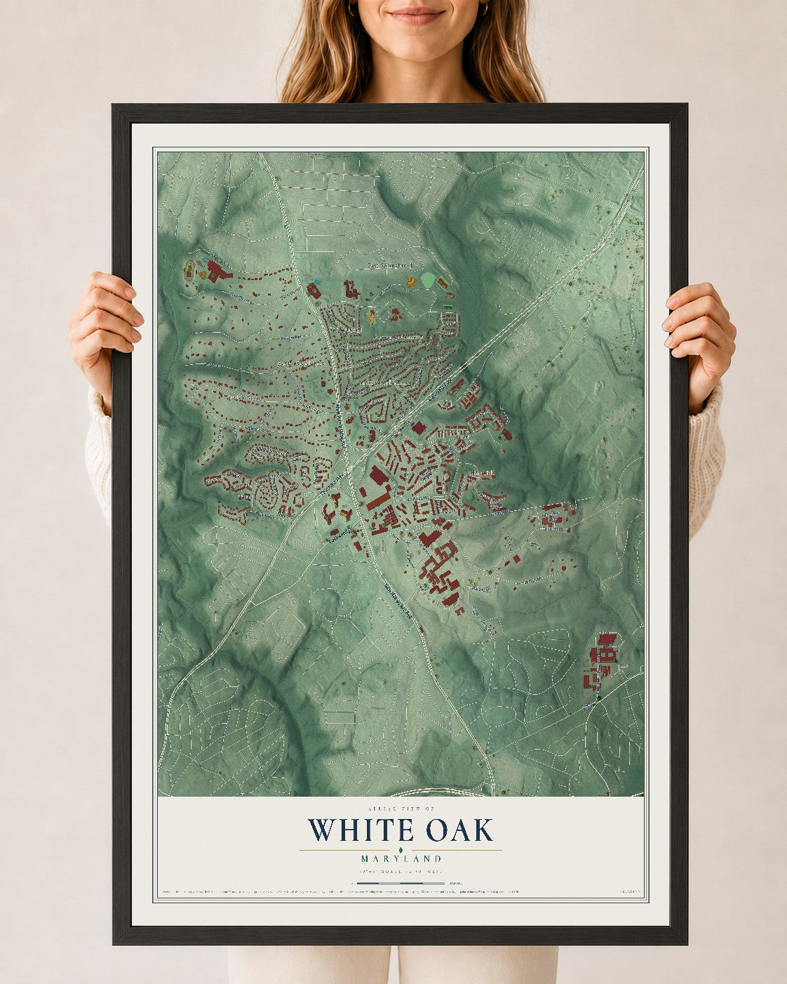 Map of White Oak, Maryland, 24 x 36 inch print in a black wood frame