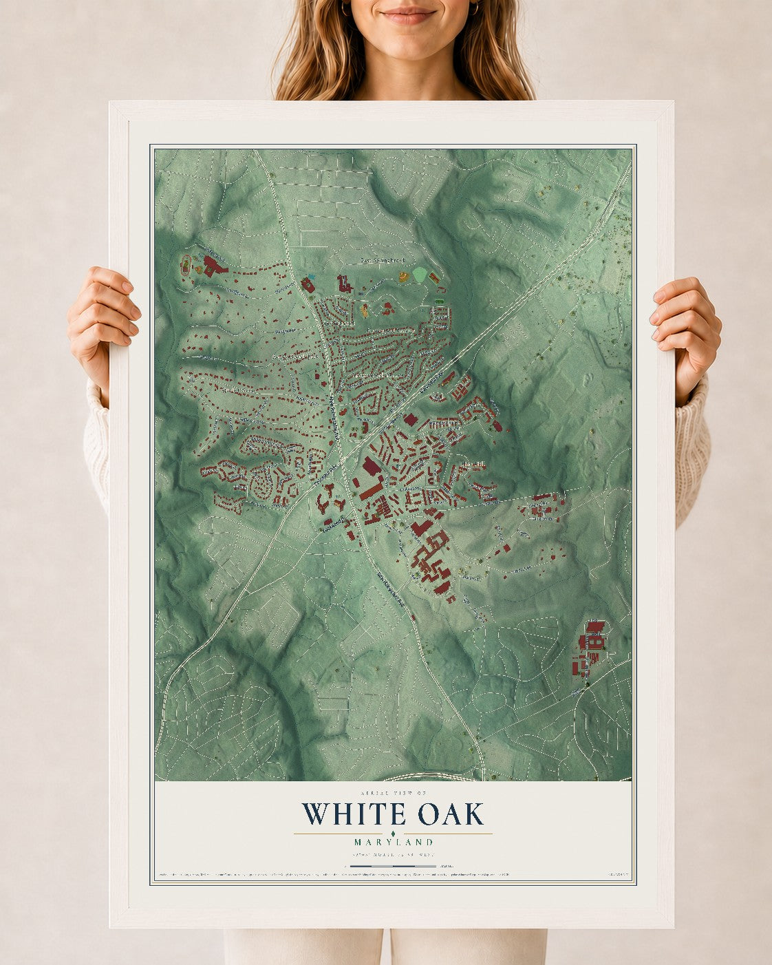 Map of White Oak, Maryland, 24 x 36 inch print in a white wood frame