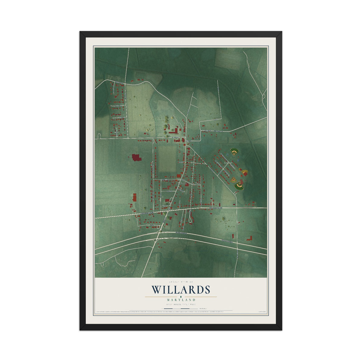 Map of Willards, Maryland, 12 x 18 inch print in a black wood frame