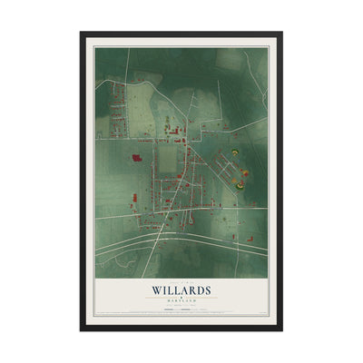 Map of Willards, Maryland, 12 x 18 inch print in a black wood frame