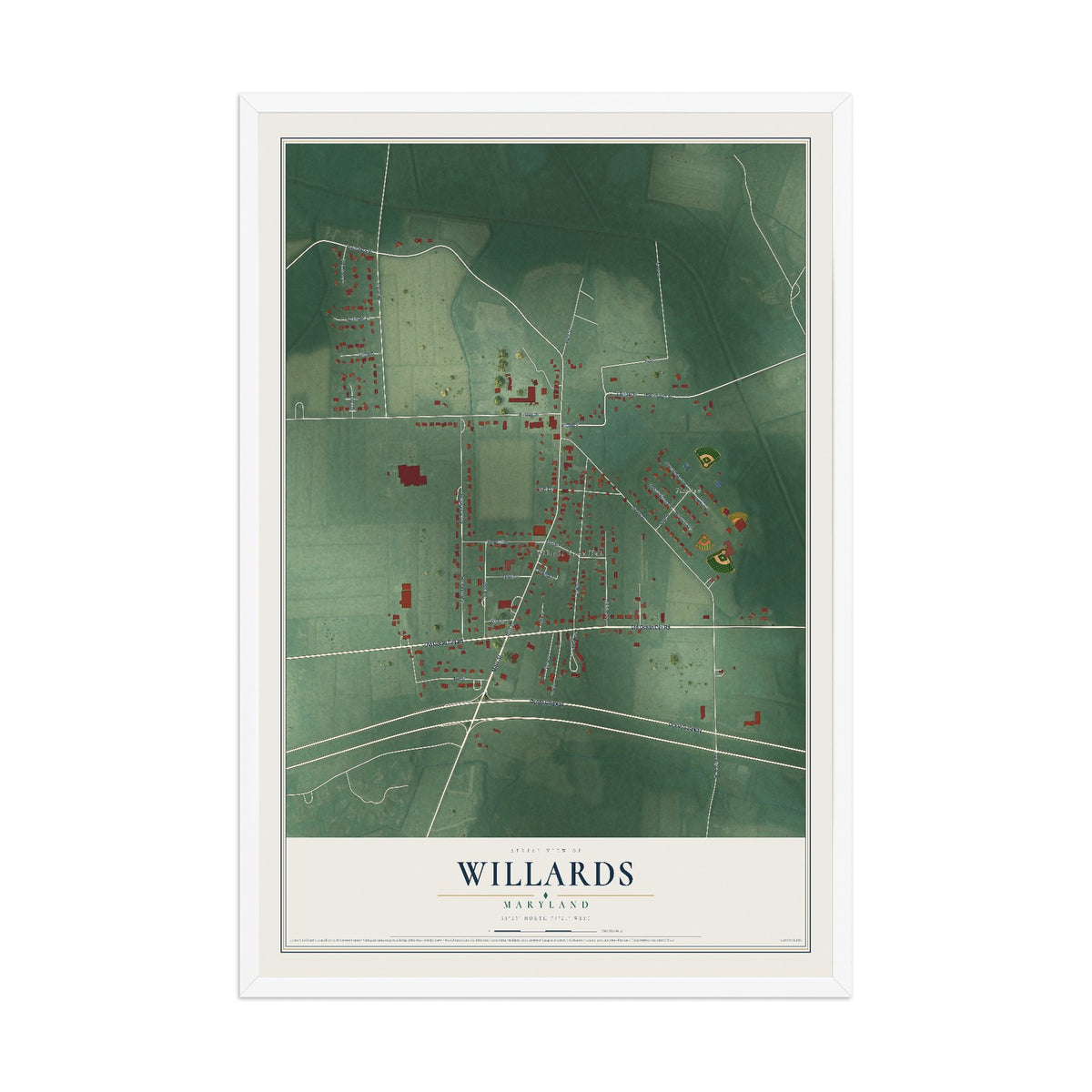 Map of Willards, Maryland, 12 x 18 inch print in a white wood frame