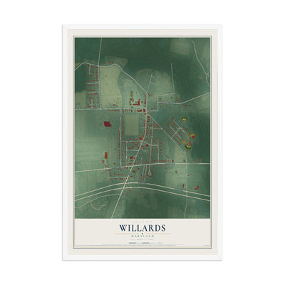 Map of Willards, Maryland, 12 x 18 inch print in a white wood frame