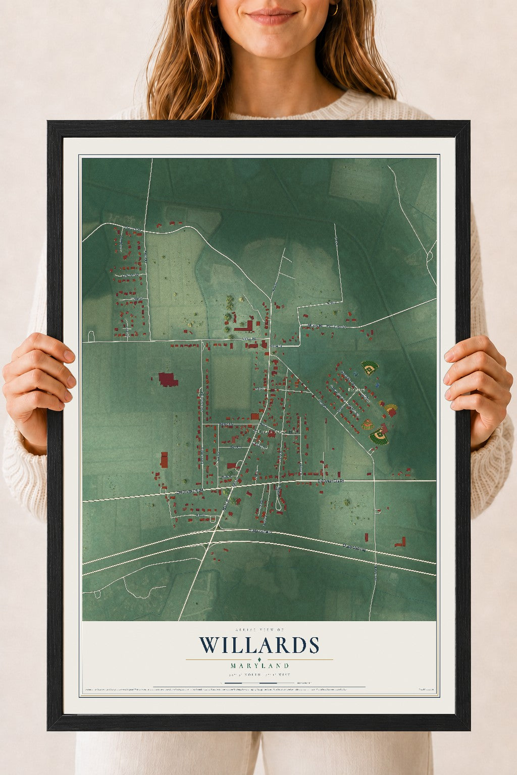 Map of Willards, Maryland, 18 x 24 inch print in a black wood frame