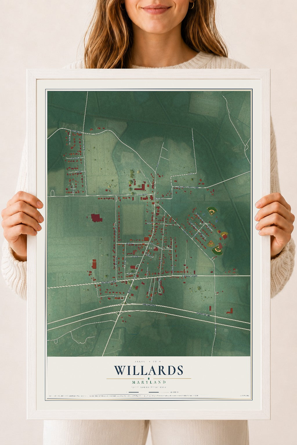 Map of Willards, Maryland, 18 x 24 inch print in a white wood frame