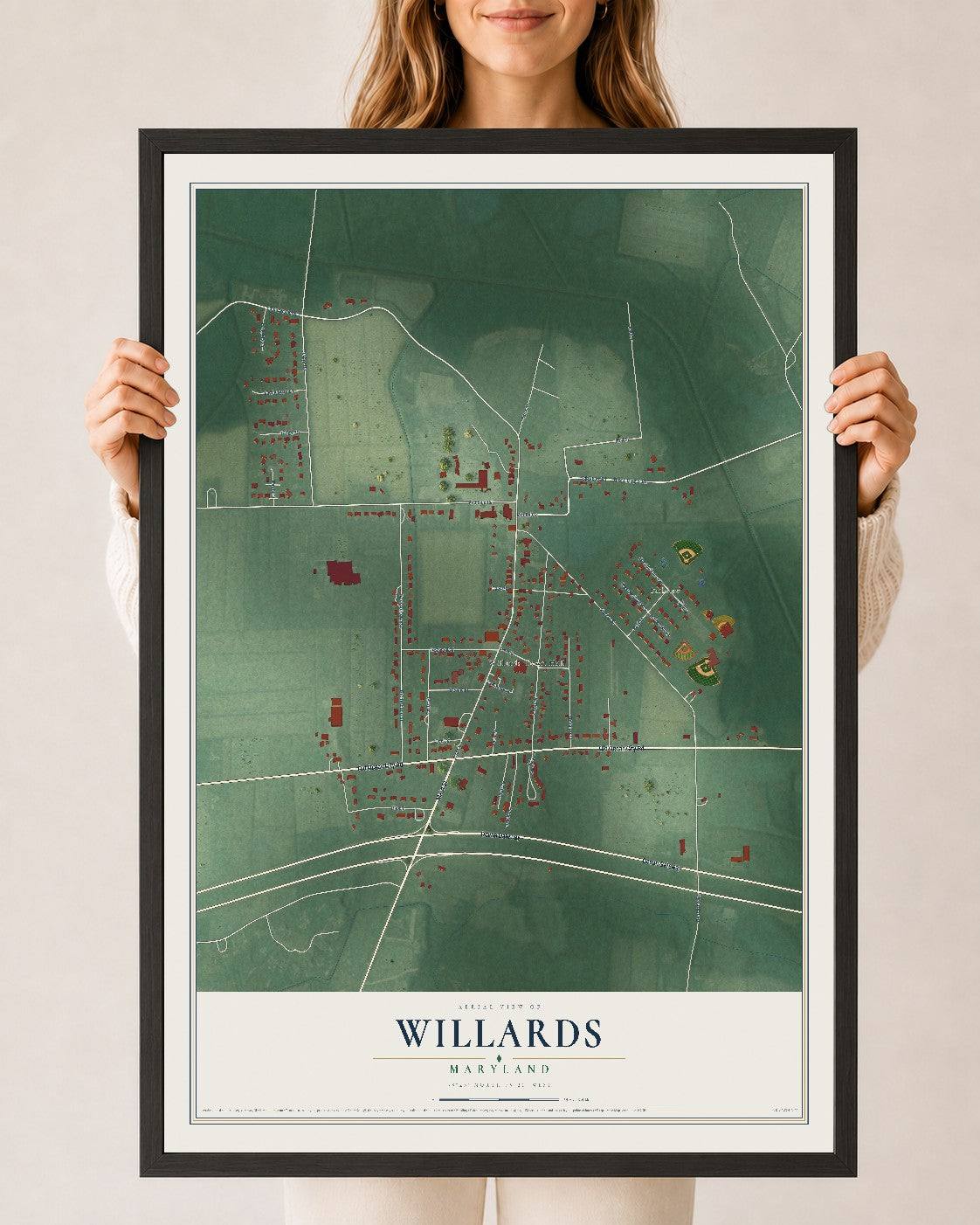 Map of Willards, Maryland, 24 x 36 inch print in a black wood frame