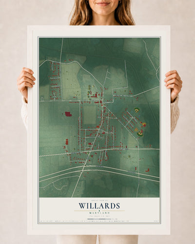Map of Willards, Maryland, 24 x 36 inch print in a white wood frame