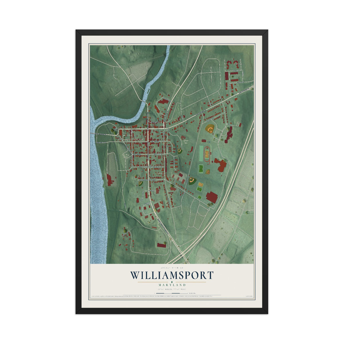 Map of Williamsport, Maryland, 12 x 18 inch print in a black wood frame
