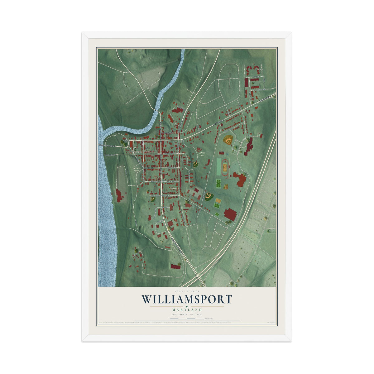 Map of Williamsport, Maryland, 12 x 18 inch print in a white wood frame