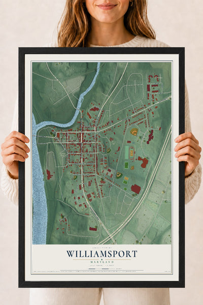 Map of Williamsport, Maryland, 18 x 24 inch print in a black wood frame