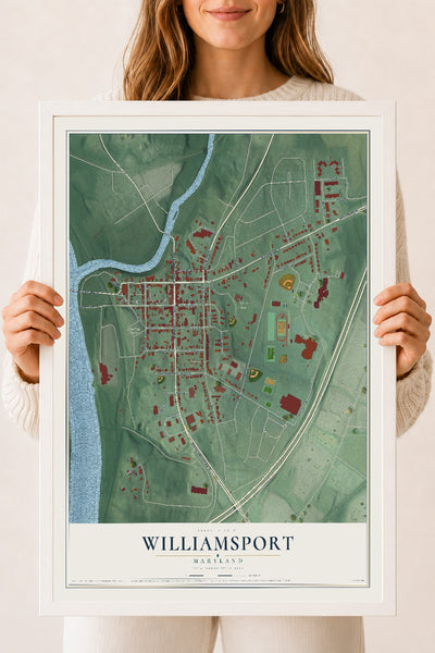 Map of Williamsport, Maryland, 18 x 24 inch print in a white wood frame